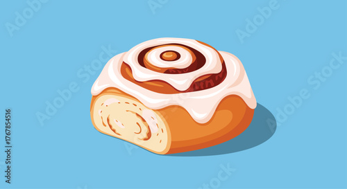 A close up illustration of a cinnamon roll with cream cheese frosting on a blue background.