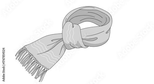 A gray knitted scarf with tassels is looped, creating a cozy and warm accessory perfect for autumn and winter fashion.