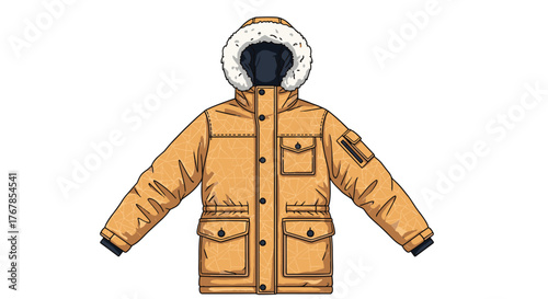 Warm yellow winter parka with a fur-lined hood and multiple functional pockets, illustrated in a clean, isolated style.