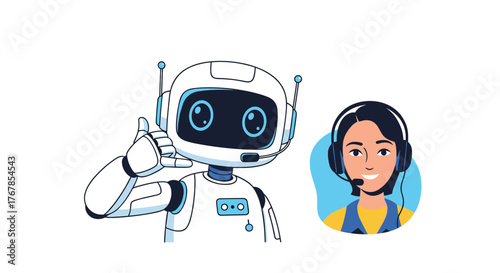 Cartoon illustration depicting a robot and a human support agent with headsets ready to assist customers in a call center environment.
