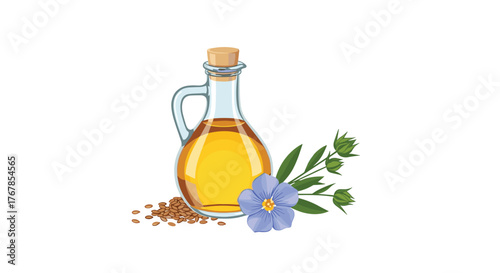 Fresh flaxseed oil in a glass bottle, accompanied by flax seeds and vibrant blue flax flowers, representing natural wellness and nutrition.