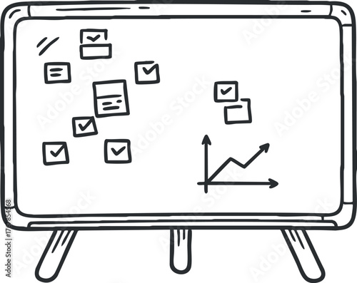 A sketch of a whiteboard featuring checklists, graphs, and project planning elements.