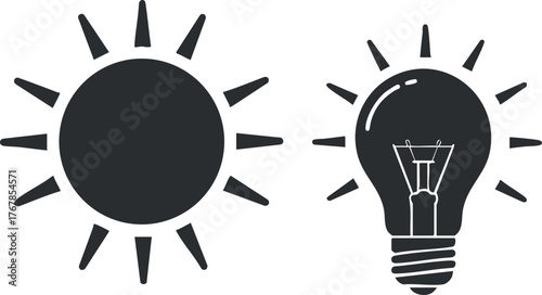 Illustration of a sun symbol and a light bulb representing energy and creativity.