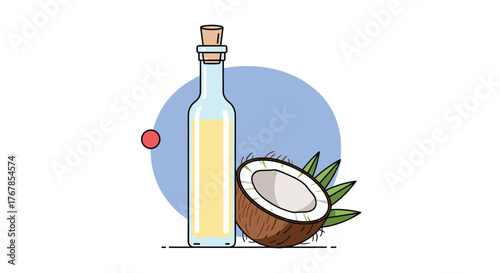 Illustrative depiction of coconut oil in a glass bottle next to a halved coconut, set against a pastel blue circular backdrop.