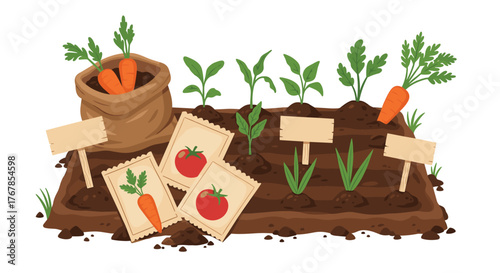 Illustration of a garden bed with seedlings, carrots, tomato seed packets, and planting signs.
