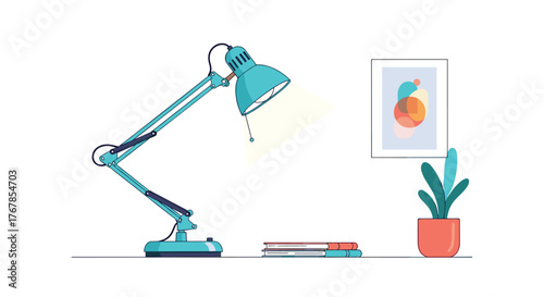 A teal desk lamp illuminates a stack of books and a potted plant on a shelf next to abstract art.