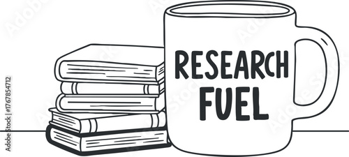 A creative illustration featuring a coffee mug labeled Research Fuel alongside stacked books.