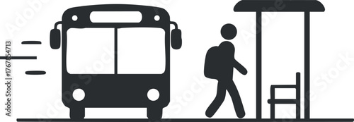A silhouette of a bus arriving at a bus stop with a waiting passenger.