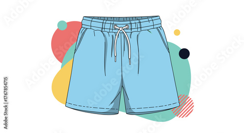 Light blue casual shorts with white drawstring and elastic waistband, presented in a flat illustration style against a vibrant abstract background.