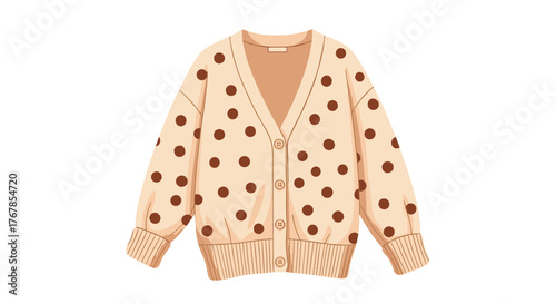A charming beige cardigan with delightful brown polka dots, featuring a V-neck, long sleeves, and a button-up closure, creating a cozy and stylish garment.