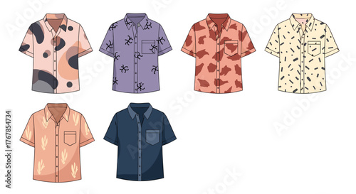 Collection of six colorful short-sleeved casual shirts with different patterns and designs.