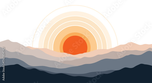 Minimalist mountain landscape depicting a vibrant orange sun rising or setting above layered peaks, with a gradient sky.