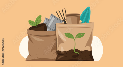 Gardening essentials: bags of soil, seedlings, and tools for planting and nurturing a garden.