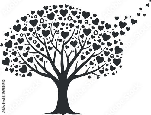 A stylized tree with heart shapes representing love and connection in a creative design.