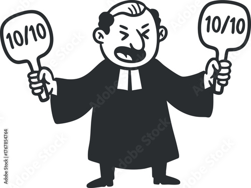 Cartoon judge holding up score paddles displaying a 10 out of 10 rating.