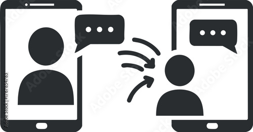 Illustration of two smartphones displaying users engaged in a text messaging conversation.