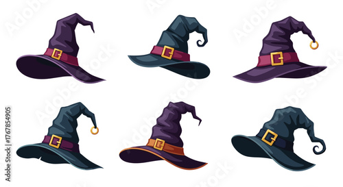 A collection of cartoon witch hats in various colors and styles for Halloween decorations and design projects.