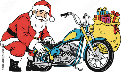 Santa Claus Prepares a Motorcycle for Christmas Delivery, Featuring Presents and a Festive Scene