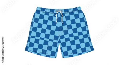 Blue and light blue checkered board shorts with a white string tie on a white background are great for swimming or lounging by the pool.