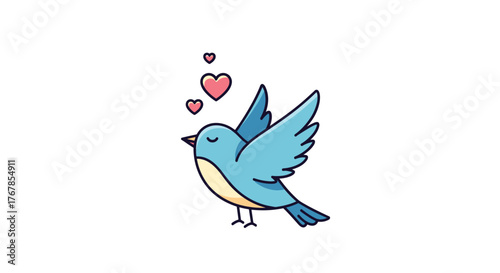 A cute blue bird with outstretched wings and closed eyes, emitting pink hearts, symbolizing love and happiness.