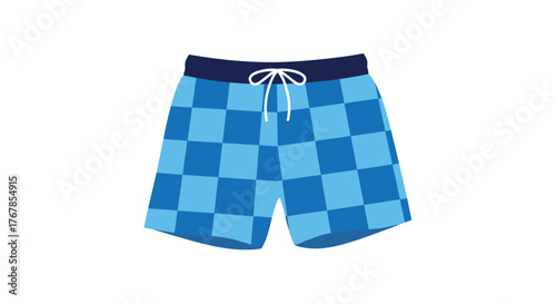 Blue checkered swim trunks with a dark blue waistband and white drawstring, perfect for summer vacationing, lounging, or pool parties.