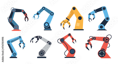 Collection of eight robotic arms in various colors and poses for industrial automation and manufacturing applications.