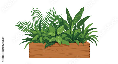A lush collection of vibrant green plants thriving in a wooden planter against a clean white background, conveying freshness and natural beauty.