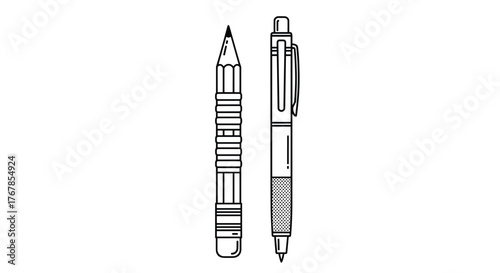 Line art illustration featuring a traditional sharpened pencil and a modern mechanical pen side by side.