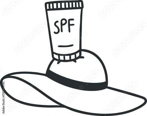 A stylish hat with SPF sunscreen placed on top, symbolizing sun protection and safety.