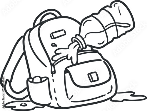 A cartoon illustration of a backpack with a water bottle spilling over it on the ground.