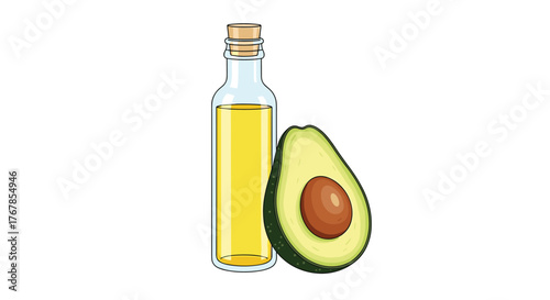 A clear glass bottle filled with golden yellow avocado oil stands next to a halved avocado, displaying its creamy green flesh and brown pit.