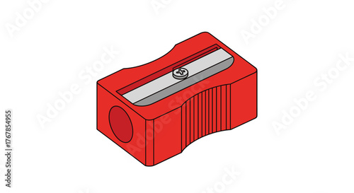 A red plastic pencil sharpener with a metal blade and a screw holding the blade in place is isolated on a white background.
