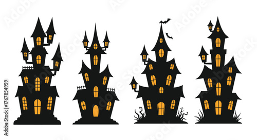 Collection of four spooky black haunted house silhouettes with glowing orange windows, ideal for Halloween designs.