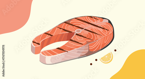 Illustration of a grilled salmon steak with lemon and peppercorns on a light background.