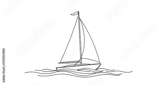 A simple, black and white line drawing shows a sailboat with two sails and a small flag bobbing on the waves of the ocean.