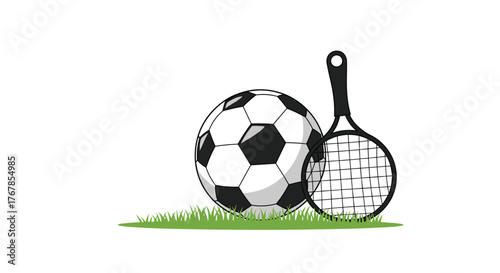 A soccer ball and a tennis racket rest side-by-side on a patch of green grass, symbolizing different sports and recreational activities.