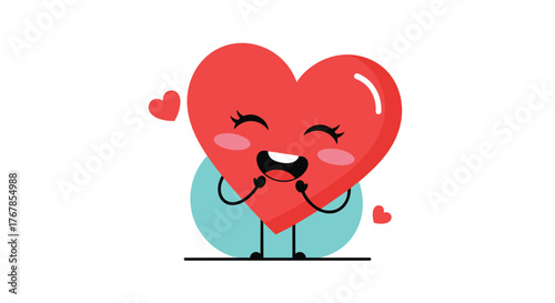 A cute, cheerful red heart character stands above two teal-colored circles, surrounded by smaller hearts, radiating joy and affection.