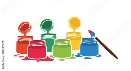 Colorful paint pots with a paintbrush, illustration of art supplies and creativity.