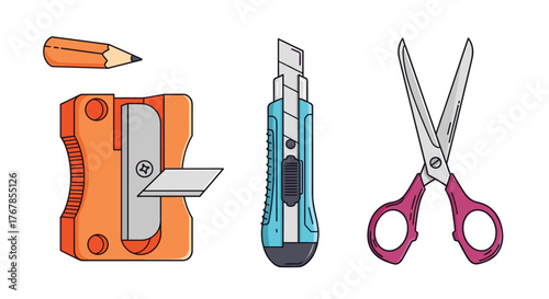 Various stationery supplies, including a pencil, sharpener, box cutter, and scissors, arranged side-by-side on a white background.