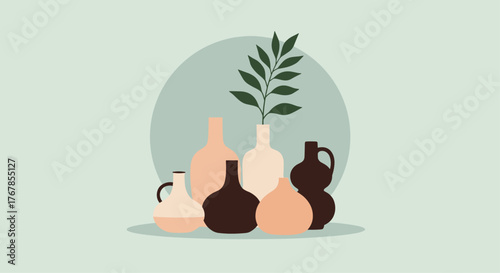 Aesthetic collection of minimalist ceramic vases and pots in earthy tones with a green plant branch on a light background.