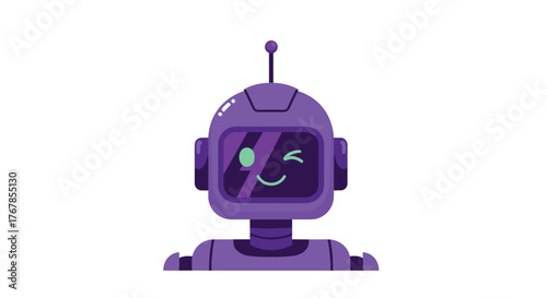 A cheerful purple robot winking on a clean white background, digital art concept.