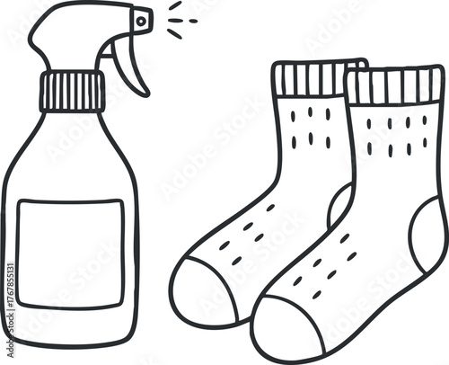 Illustration of a spray bottle next to a pair of socks representing laundry and cleaning.