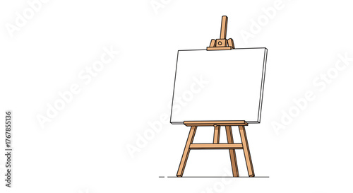 A simple cartoon drawing of an empty white canvas on a wooden easel, ready for painting or drawing.