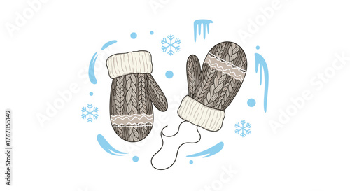 Winter mittens illustration with snowflakes and icicles in a decorative circle adds a seasonal charm, perfect for holiday-themed designs.