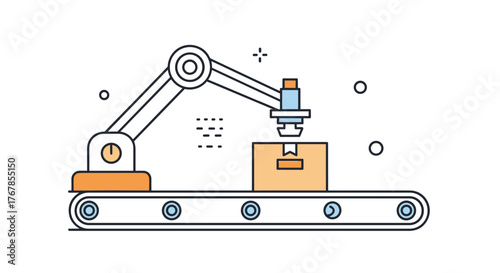 Robotic arm placing a package on a conveyor belt, illustrating automated manufacturing and packaging processes in an industrial setting.