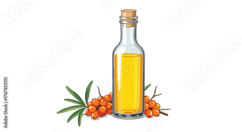 Glass bottle filled with golden sea buckthorn oil and surrounded by fresh berries.