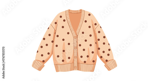 A cream colored cardigan with brown polka dots and ribbed cuffs and hem.