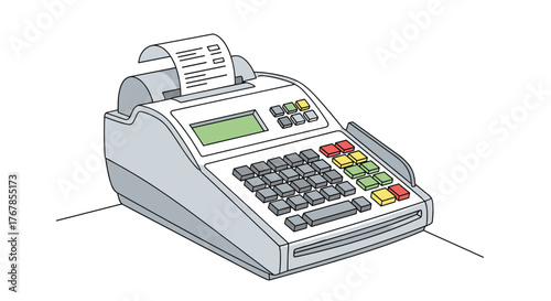 Illustration of a point-of-sale cash register with a printed receipt, ideal for retail and commerce imagery purposes.