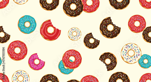 A vibrant and delicious pattern of assorted donuts scattered on a beige background, perfect for food-themed designs or sweet treat projects.