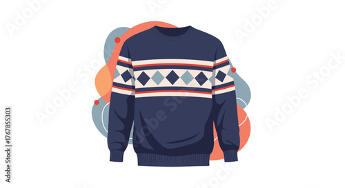 Illustration of a navy blue sweater with a classic white, red, and blue diamond and stripe pattern, perfect for winter fashion.